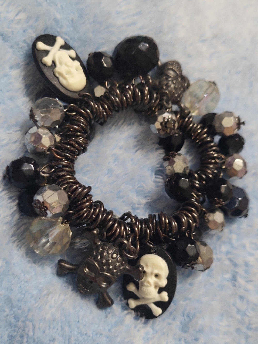 Skull & Crossbones Black Bead Charm Bracelet